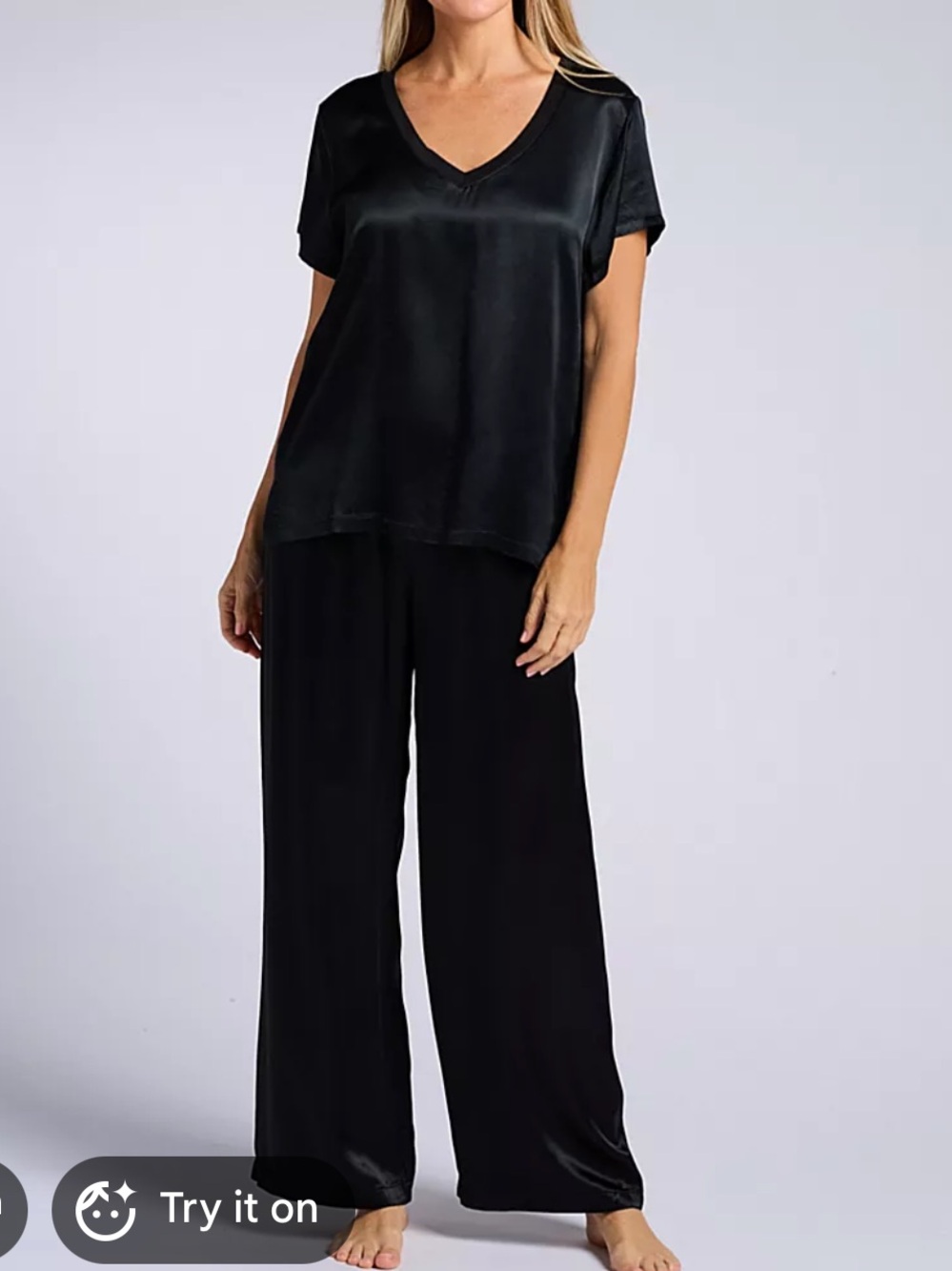 Women's Black Satin Pajama Set - Short Sleeve Top & Pants